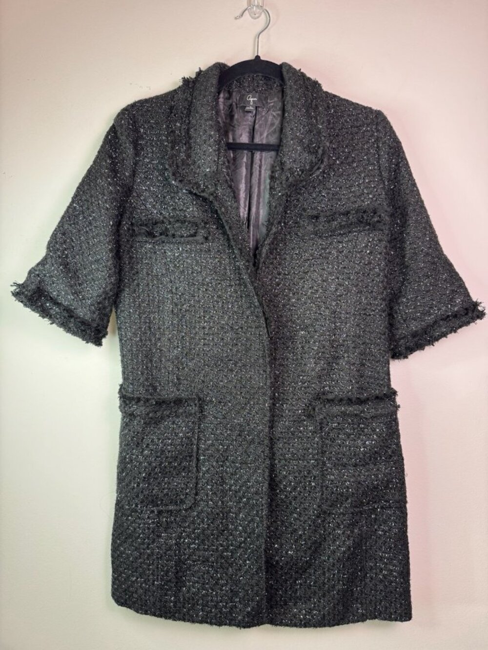 Aqua Women’s Black Bouclé Short Sleeve Blazer Jacket Wool Blend Shimmer Small